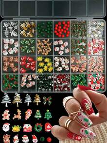 1盒随机混合ABS卡通圣诞美甲饰品，3D圣诞老人、圣诞树、雪人、铃铛、可爱圣诞蝴蝶结花环，镶嵌红色和绿色水钻，美甲配件DIY美甲 - 彩色 - 查看 1