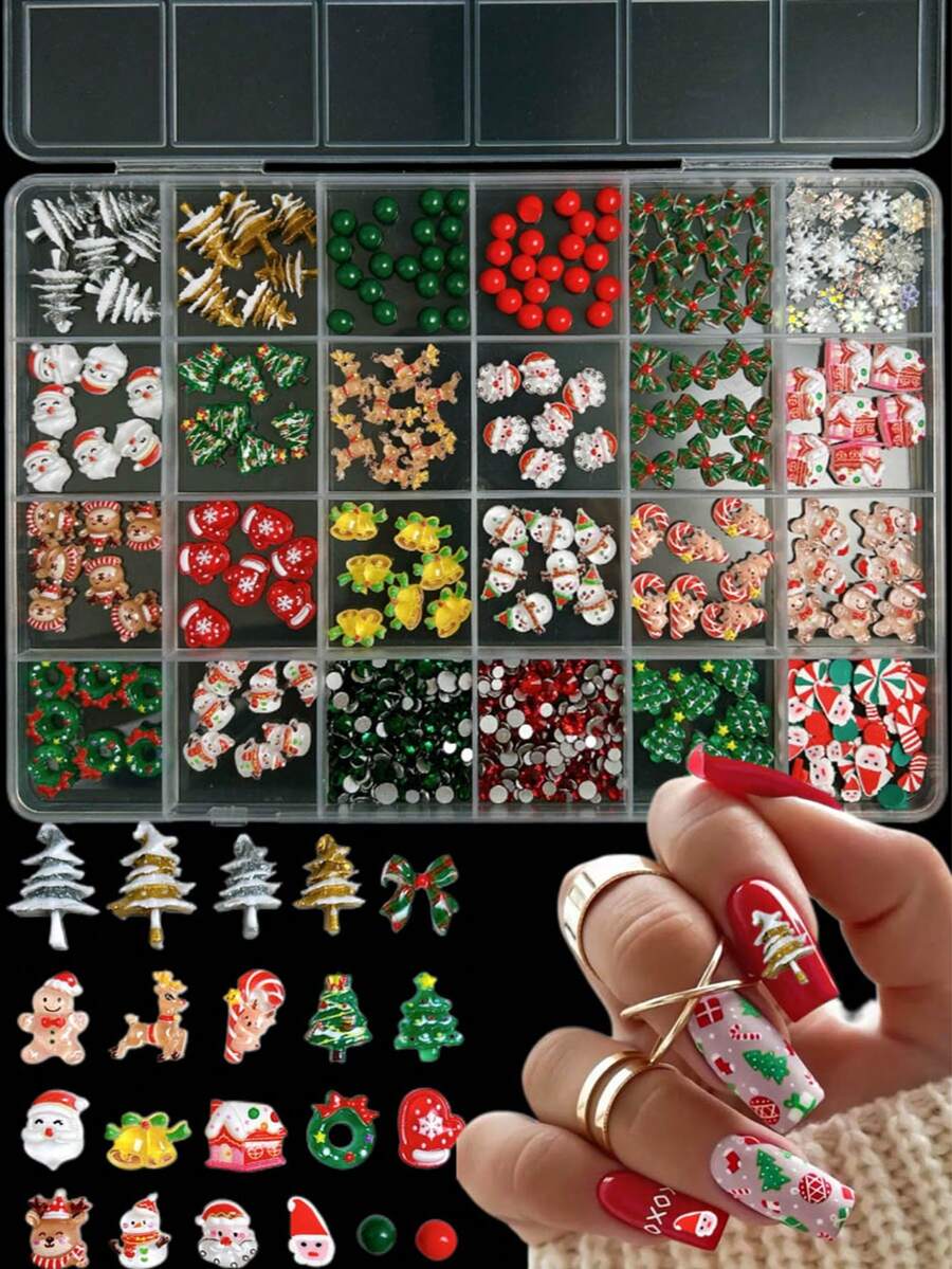 1盒随机混合ABS卡通圣诞美甲饰品，3D圣诞老人、圣诞树、雪人、铃铛、可爱圣诞蝴蝶结花环，镶嵌红色和绿色水钻，美甲配件DIY美甲 - 彩色 - 查看 1