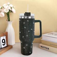 40oz Tumbler With Handle & Straw Lid, Studded Bling Design, Stainless Steel Double Wall Vacuum Insulated, Travel Mug Water Bottle, Fits Cup Holder - 黑色 - 查看 8