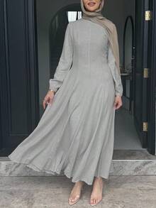 Đầm dài màu trơn thanh lịch, thắt eo, thích hợp cho công sở mùa xuân. - Xám - Xem 2