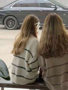 Women's Autumn And Winter Fashionable And Versatile Y2K Contrasting Striped Shoulder Down Casual Knitted Round Neck Autumn And Winter Sweater, Lightweight And Comfortable, Suitable For Leisure, Daily Life, Dating, Home, Office, Party Gatherings, Festivals, Shopping, Halloween, Christmas, Thanksgiving, Holidays