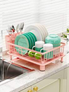 1pc Pink Dish Drying Rack For Kitchen Counter,Rustproof Countertop Dish Drainer With Utensil Holder For Sink,Kitchen Organizer For Dishes, Spoons And Forks
