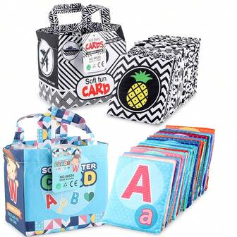 一套柔软的布书玩具，适合婴儿学习和认知发展，具有动物字母、颜色、数字等各种图案。触感柔软，易于存放。