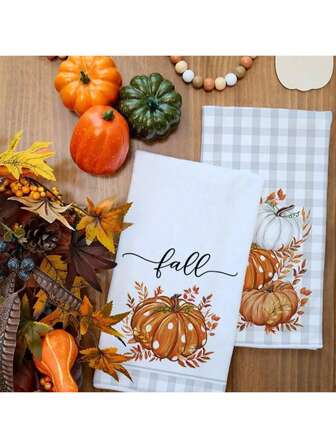 2pcs Set, Kitchen Towels, Thanksgiving Autumn Harvest Series, Gray Plaid Pumpkin Print, Modern Absorbent Dishcloth, Cooking Baking Tea Towels, Dish Cloths, Super Soft & Highly Absorbent, Kitchen Decor, Neighbor Gift, Mom Gift, Birthday Gift, Sweet Housewarming Gift For Friends, Kitchen Accessories, Household Necessities