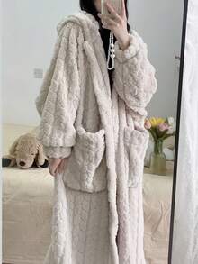 3件組女款純色羊毛提花休閒晨袍，秋冬保暖連帽寬鬆長袖法蘭絨浴袍，附口袋，舒適法蘭絨面料睡袍，聖誕必備，保暖防寒，適合居家裝飾、冬季保暖、聖誕禮物、生日禮物、室內裝飾 - 彩色 - 查看 5