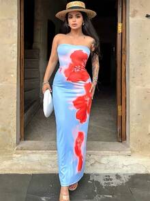 Vestido largo elástico sexi sin tirantes estilo Y2K, vestido con ataduras y espalda al aire, ropa de playa para vacaciones - Azul - Ver 3