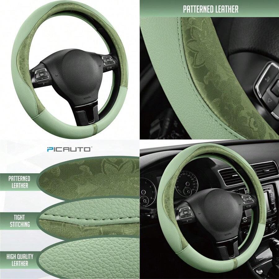 MX    PIC AUTO Steering Wheel Cover Green Patterned Leather Patchwork Design Universal Fit 14.5" 15.5" AntiSlip OdorFree Soft PU Grain Leather Durable Grip Car Accessory For Girls And Women - 綠色 - 查看 1