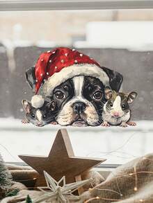 1 pieza Pegatina decorativa navideña, Patrón creativo de mascotas navideñas, Aplicable a sala de estar, dormitorio, baño, Pegatina autoadhesiva extraíble de PVC, Decoraciones navideñas, Decoración del hogar, Decoración de habitación, Decoración de pared, Pegatinas