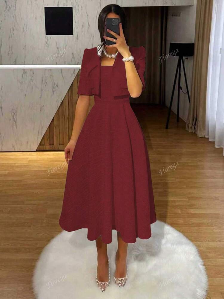 2 pièces/set Robe de glissement vintage française élégante avec imprimé pièce de monnaie + veste Top à manches courtes, ensemble deux pièces flatteur