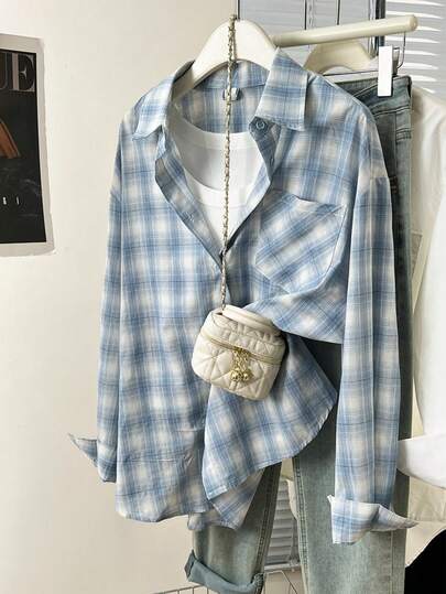 YUXIN Retro Blue Plaid Long Sleeve Chic Loose Fit Shirt For Women, Unique Design, Autumn