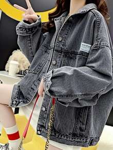 女式宽松落肩牛仔夹克，带口袋，春秋 - 黑灰色 - 查看 3