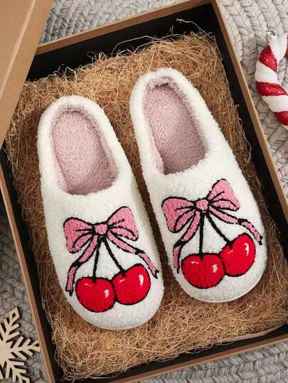 New Women Sweet Bow Cherry Embroidery Plush Slip-On Slippers, Round Toe Thick Sole, Warm Indoor Anti-Slip Home Slippers, Couple & Girly Style, Dorm Essential, Autumn/Winter