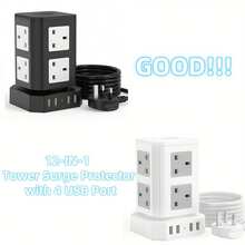 Tower Extension Lead, 2 Metres, (3250W 13A) Extension Tower With Night Light, Featuring 8 AC Sockets And 4 USB Ports. Surge-Protected Extension Lead With One Independent Switch At The Top. Suitable For Offices And Homes. Available In Grey-White Or Black-White.