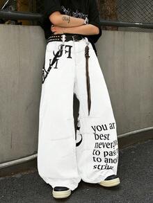 1件 Infinite Jeans 美国休闲品牌拼接男士个性化印花喇叭裤，宽松舒适的街头风阔腿裤（不含腰带和配饰） - 白色 - 查看 7