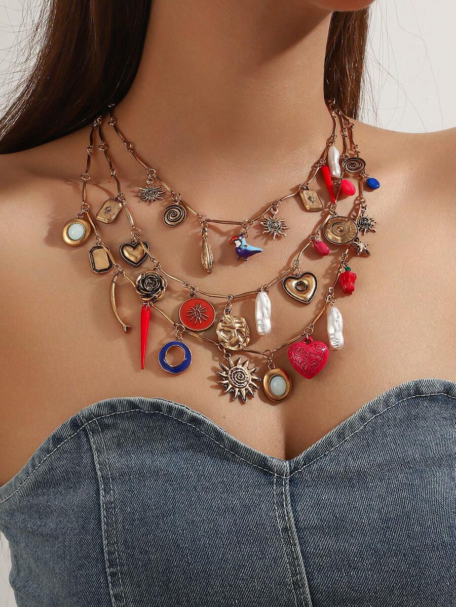 Collana multistrato stile bohémien con cuore, uccello e peperoncino, decorazione esagerata con perle, stile europeo e americano