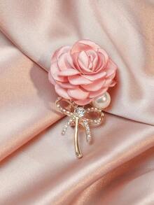 1pc Romantic Pink Rose Flower Shaped Brooch With Faux Pearl And Rhinestone Decor For Women's Casual & Party Outfits - 紅色 - 查看 2