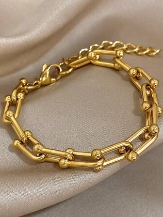 1 件复古奢华 18K 镀金不锈钢扣珠链手链，适合女士、男士、时尚简约珠宝礼物、妈妈礼物、圣诞节、感恩节、万圣节、婚礼、日常派对珠宝礼物、周年纪念、情人节、生日、波西米亚风珠宝