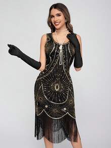 فستان مرصع بالترتر طراز 1920 أوروبي وأمريكي، فستان كرة فاخر مزين بالخرز والشراريب، فستان عبر الحدود