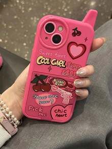 1 chiếc ốp lưng điện thoại hình trái tim anh đào 3D màu hồng phong cách Y2K, có gương trang điểm, tương thích với iPhone 17/16/15/14/13/12/11 Pro Max, màu trơn, chống sốc, chất liệu mềm. - Màu Hồng Tươi - Xem 3