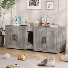 Litter Box Enclosure With Double Room,Hidden Litter Box Enclosure Furniture For 2 Cats,Wooden Large Cat House,Indoor Hidden Cat Litter Box,Storage Cabinet With Cat Door - Gris - Ver 2