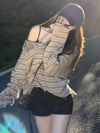 条纹露肩长袖T恤，宽松高端圆领套头衫，春/秋