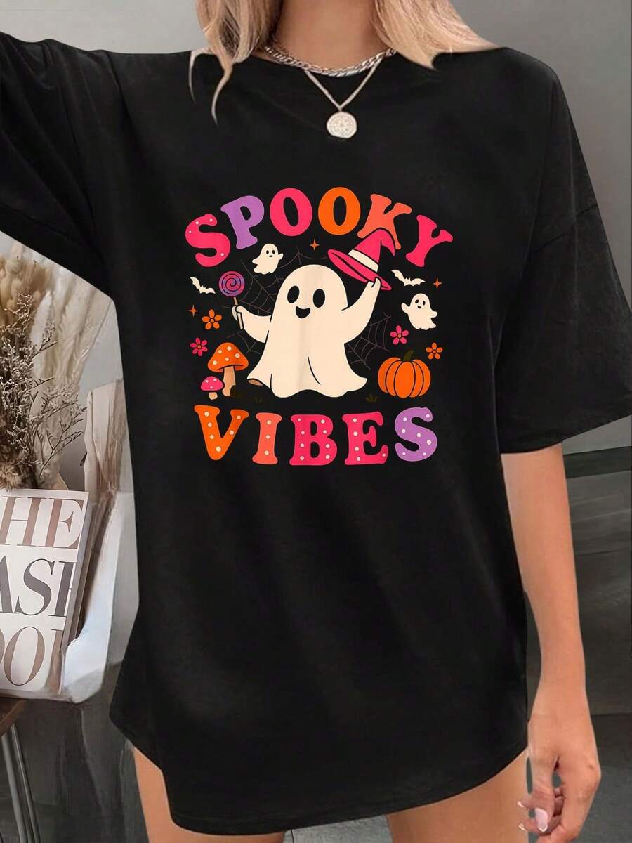 Spooky Vibes Ghost Retro Boo Halloween Women Girls Kids T-Shirt Halloween Pumpkin Thanks Giving Family Funny Halloween Graphic Casual Autumn Tee Tops Women's T Shirt - 黑色 - 查看 1