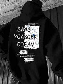 Men'S Casual Loose Fit Hooded Sweatshirt With Letter Print & Pockets - Heather Gray Autumn Winter Warm Pullover, Long Sleeve Streetwear Essential  Hoodies For Guys,Fall Hoodies,Men's Fall Clothes,Street Wear,Halloween,Mens Hoodies,Y2k Clothes,Jesus Hoodie,Thanksgiving Day,Nightmare Before Christmas,Christmas - Black - View 1