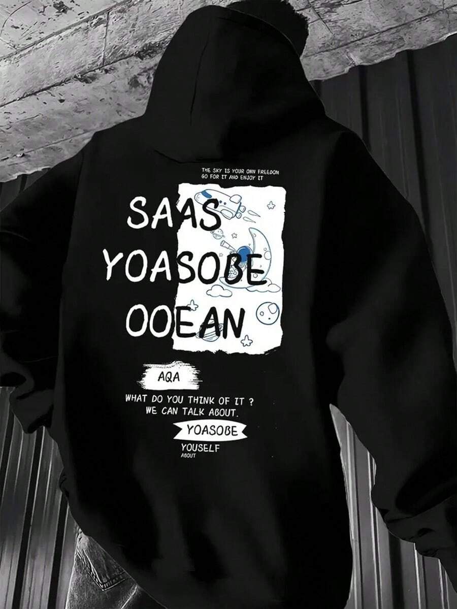 Men'S Casual Loose Fit Hooded Sweatshirt With Letter Print & Pockets - Heather Gray Autumn Winter Warm Pullover, Long Sleeve Streetwear Essential Hoodies For Guys,Fall Hoodies,Men's Fall Clothes,Street Wear,Halloween,Mens Hoodies,Y2k Clothes,Jesus Hoodie,Thanksgiving Day,Nightmare Before Christmas,Christmas - Black - View 1
