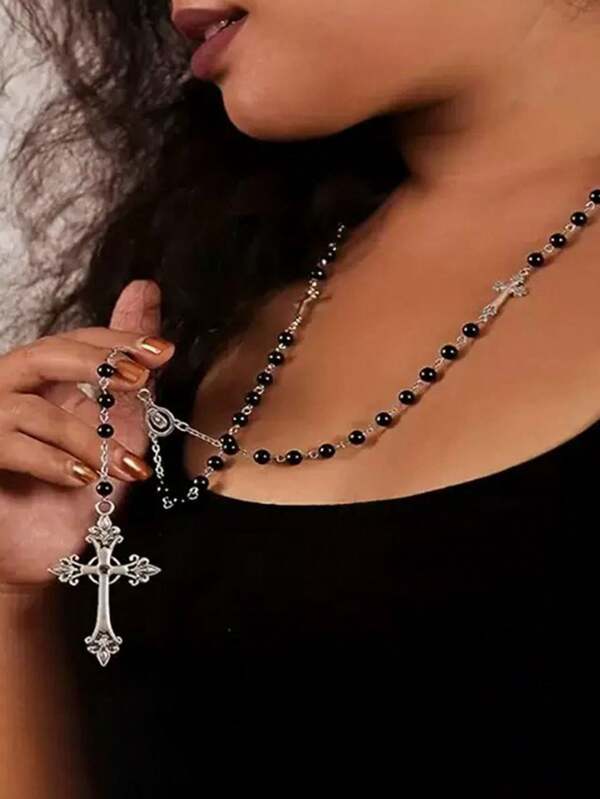 1 Stück schwarze Kristall Rosenkranz Halskette mit langem Kreuz Anhänger für Männer Frauen religiöser Y-förmiger Schmuck