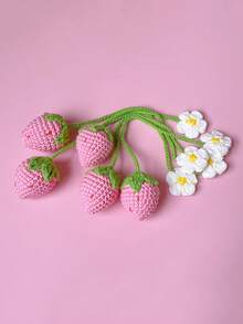 1pc Car Rearview Mirror Woven Finished Pendant Strawberry Flower Cute Car Interior Hanging Decoration Universal Fresh - A - View 7