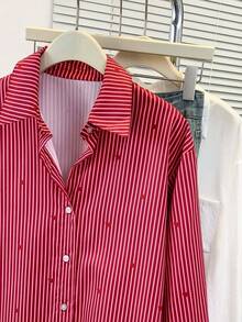 Women's Heart Print Polo Collar Striped Shirt - Casual Button Down Long Sleeve Blouse, Suitable For Spring, Summer, Autumn Daily Wear - Burgundy - View 4