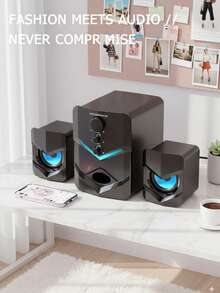 High-Quality 2.1 Stereo Desktop Speaker With LED Ambient Lighting - USB Powered, 3.5mm Audio Jack, Wired Connection For PC, Laptop, Tablet, Gaming Console & MP3/MP4 Devices, Modern Design With Blue Accents, Portable Speaker