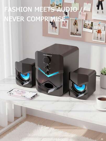 High-Quality 2.1 Stereo Desktop Speaker With LED Ambient Lighting - USB Powered, 3.5mm Audio Jack, Wired Connection For PC, Laptop, Tablet, Gaming Console & MP3/MP4 Devices, Modern Design With Blue Accents, Portable Speaker