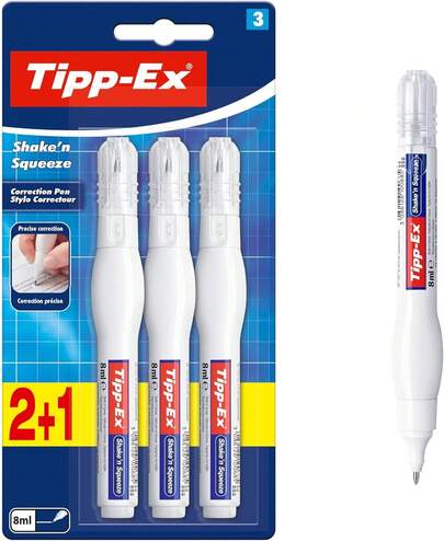 Bic Tipp-Ex 'Shake'n Squeeze', Correction Pens, Opaque Correction Fluid, 8 Ml, Pack Of 3, White