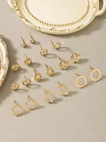 9 对时尚可爱蝴蝶结和仿珍珠金属耳钉套装，适合节日、休闲、度假穿着的多功能礼物 - 金黃色 - 查看 4