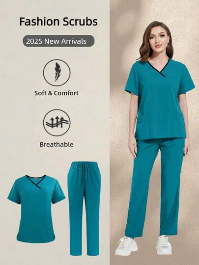 Weich, atmungsaktiv und schnelltrocknend! V-Ausschnitt Kurzarm Top und Hose/Krankenpflege Kasack Set, locker und bequem, geeignet für verschiedene Anwendungsszenarien