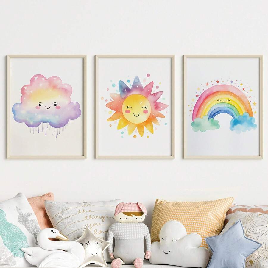 3pcs Unframed Canvas Poster, Watercolor Rainbow Weather Painting, Canvas Wall Art, Artwork Wall Painting For Gift, Bedroom, Office, Living Room, Cafe, Bar, Wall Decor, Home And Dormitory Decoration - Multicolor - View 1