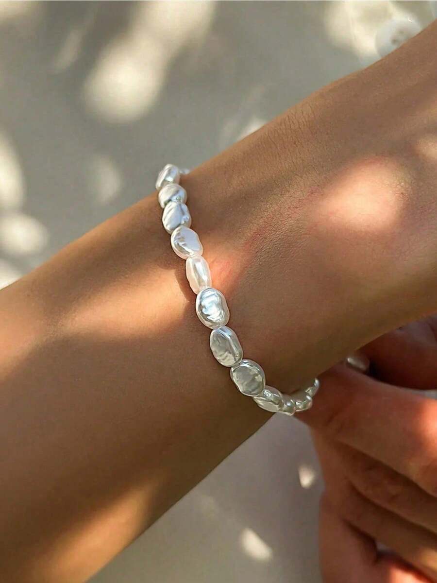 1pc Asymmetrical Faux Pearl Bracelet - Minimalist Women's Adjustable Jewelry For Banquets, Dates & Daily Wear, Elegant Personalized Gift - 銀色 - 查看 1