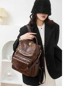 Women's Backpack In High Quality PU Leather, Medium Spacious With Shoulder Strap - 咖啡棕 - 查看 2