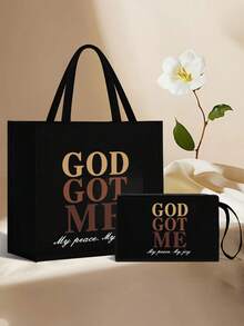 时尚印花托特包套装，大容量休闲手提包，带抽绳的收纳袋，圣诞礼物，女士亚麻大容量手提包，大容量手提包套装，可单肩背，女神大容量多功能手提包 - 彩色 - 查看 1