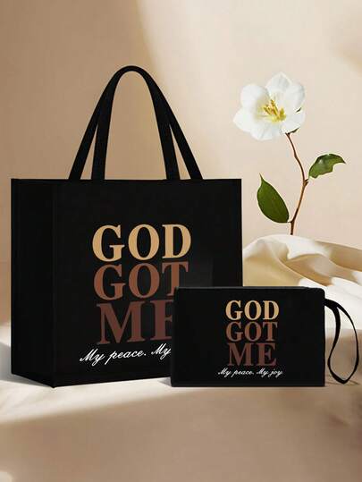 Fashionable Print Tote Bag Set, Large Capacity Casual Handbag, Storage Bag With A Drawstring, Christmas Gift, Women's Linen Large Capacity Handbag,Large Capacity Handbag Set, Can Be Carried On One Shoulder,God Lady Large Capacity Multifunctional Handbag