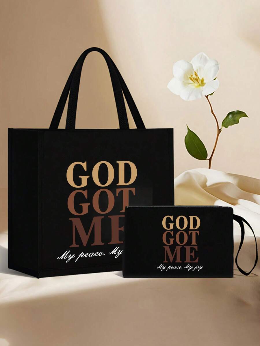 时尚印花托特包套装，大容量休闲手提包，带抽绳的收纳袋，圣诞礼物，女士亚麻大容量手提包，大容量手提包套装，可单肩背，女神大容量多功能手提包 - 彩色 - 查看 1