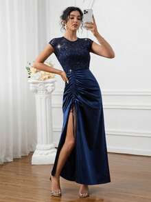 Đầm nữ thanh lịch ren đính sequin, hở lưng, xẻ tà, thích hợp cho Giáng sinh, Năm mới, các ngày lễ, sinh nhật, họp mặt, tiệc tùng, dạ hội, tiệc tối trang trọng, tiệc cocktail, đám cưới, hẹn hò. - Màu xanh hải quân - Xem 8