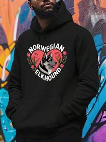 Norwegian Elkhound Print Hoodie - Cozy Fall-Winter Sweatshirt For Men, Casual Long Sleeve Pullover With American Flag Design, Perfect Gift For Him,Fall Hoodies,Men's Fall Clothes,Street Wear,Halloween,Mens Hoodies,Y2k Clothes,Jesus Hoodie,Thanksgiving Day,Nightmare Before Christmas,Christmas - Black - View 1