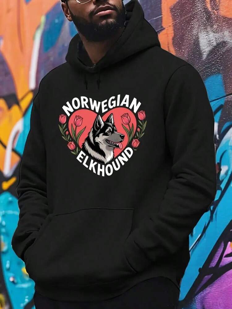 Norwegian Elkhound Print Hoodie - Cozy Fall-Winter Sweatshirt For Men, Casual Long Sleeve Pullover With American Flag Design, Perfect Gift For Him,Fall Hoodies,Men's Fall Clothes,Street Wear,Halloween,Mens Hoodies,Y2k Clothes,Jesus Hoodie,Thanksgiving Day,Nightmare Before Christmas,Christmas - 黑色 - 查看 1
