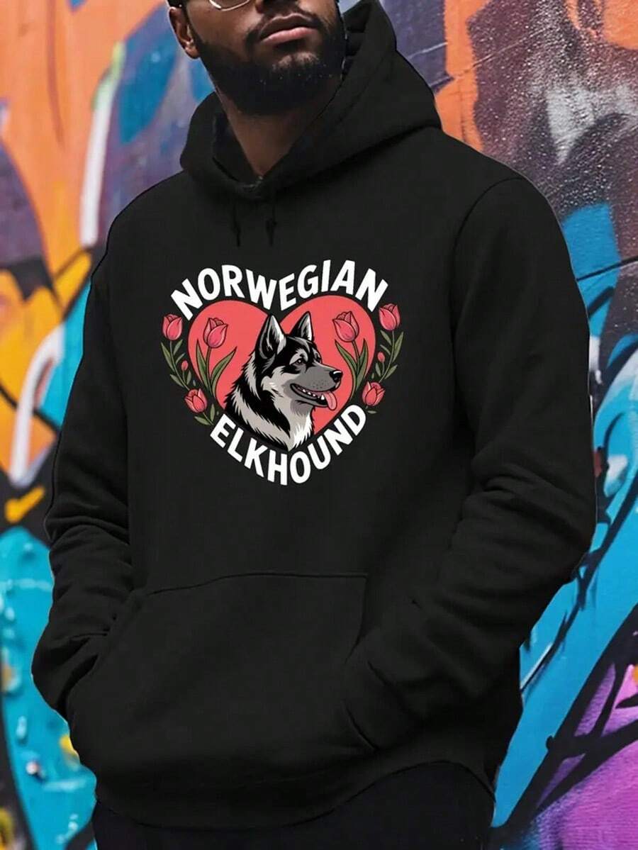 Norwegian Elkhound Print Hoodie - Cozy Fall-Winter Sweatshirt For Men, Casual Long Sleeve Pullover With American Flag Design, Perfect Gift For Him,Fall Hoodies,Men's Fall Clothes,Street Wear,Halloween,Mens Hoodies,Y2k Clothes,Jesus Hoodie,Thanksgiving Day,Nightmare Before Christmas,Christmas - Black - View 1