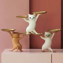 Resin Cat Decorative Tray Figurine Enchanting Dancing Funny Statue For Home Bedroom Office Entrance Table Decor Sculpture For Candy Snacks Key Gadgets Storage Gray