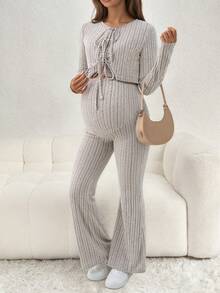 Ribbed Solid Color Bow Blouse & Flare Pants Maternity Set - Apricot - View 4