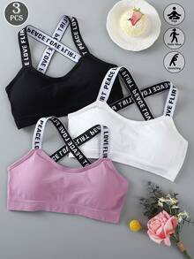 3 piezas Sujetador deportivo con tiras con letras para mujeres, adecuado para yoga, correr, entrenamiento - Multicolor - Ver 3