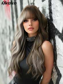 AKAKO Long Wave Brown & Gray Highlight Cosplay Wigs For Women Synthetic Wavy Wigs With Bangs, Natural Looking Heat-Resistant Fiber Fake Hair, Gothic Style Fashion Costume Wig For Halloween Party Masquerade Ball,Music Festivals & Carnival Use 26 Inch